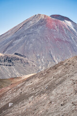 Closeup view on a vulcano durint Tongariro crossing on North Island, New Zealand, creating a coloful but lifeless scene with rocks and desert like mountains 