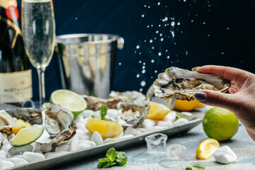 Oysters with wine, lemon, and ice. oysters dish. Oyster dinner with champagne in restaurant....