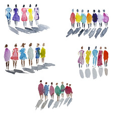 Color spot with watercolors in the form of a group of people. Hand-drawn watercolor illustration: silhouettes of a group of people in full growth.