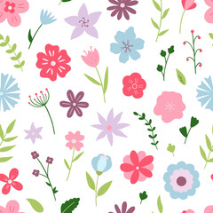 Hand drawn seamless pattern of flowers and branches. Floral and herbal elements in cartoon style. Vector illustration.