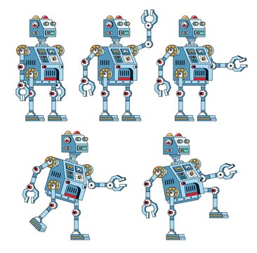 Steampunk cartoon robot in various poses. Retro robot in cartoon style. Vector illustration.