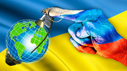 The hand of Russia holds a grenade in the form of a globe on the background of the flag of Ukraine. Stop the war between Russia and Ukraine. Solidarity with Ukraine. Aggression against the world.