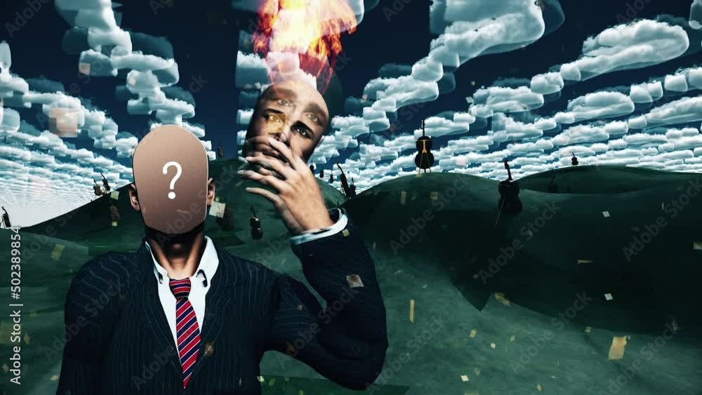 Poster man removes burning face in landscape with question shaped clouds and many cellos