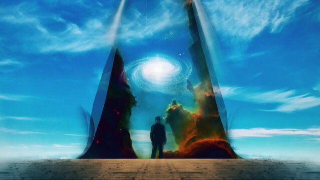 Man reveal galaxy. Surreal landscape