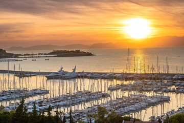 Shot of the bay of Kusadasi Port turkey, full of yachts  parked,  beautiful sunset