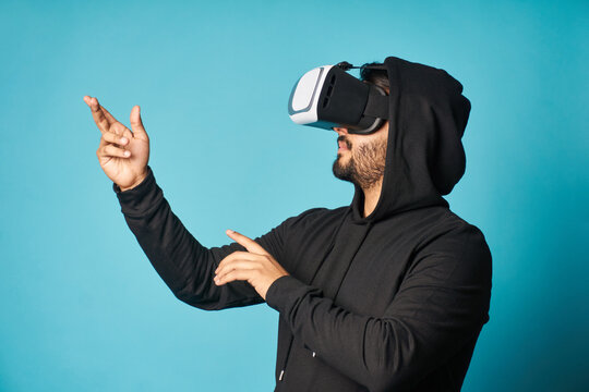 Man exploring virtual reality in headset