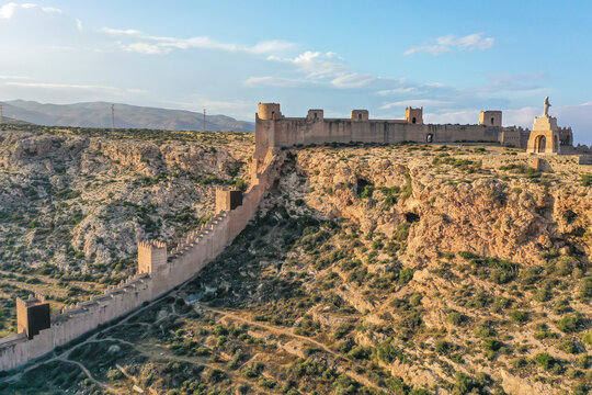 Aerial view of Muralla de Jair&aacute;n connecting the fortress and the monument of Cerro San Cristobal in Almer&iacute;a, Andalusia, Spain.