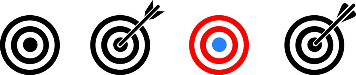 Group of Archery target icons, with and without arrow - obrazy, fototapety, plakaty