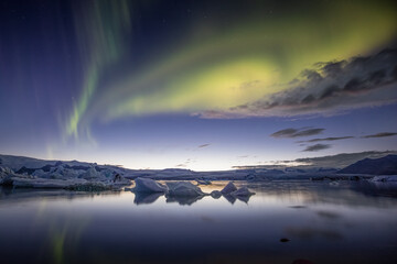 Beautiful shot of the Jokulsarlon Glacier Lagoon in Iceland during northern lights