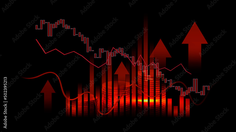 Poster creative image of growing coin stacks and candlestick forex chart on blurry background. stock market