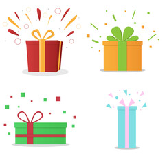 set of surprise gift boxes, birthday celebration, special give away package, loyalty program reward, wonder gift with exclamation mark, vector icon, flat illustratio
