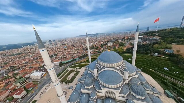 View from drone of wonderful Suleymaniye Mosque with six minarets. Footage of historic landscape in Turkey. Great architecture, remarkable religious monument. Shot of beautiful Blue Mosque in Istanbul