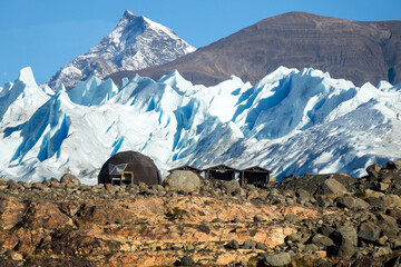 View of a shelter camping tent near the Perito Moreno Glacier in El Calafate, Argentina, Patagonia, South America