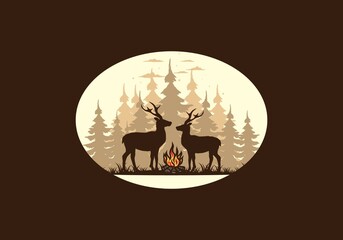 Couple deer and bonfire illustration