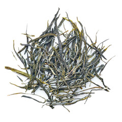 Chinese green tea dry leaves macro, view from above, isolated,round shape pile