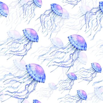 A delicate seamless pattern with floating blue jellyfish of different sizes on a white background, painted in watercolor.