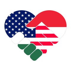 Handshake symbol in the colors of the national flags of USA and Hungary, forming a heart. The concept of peace, friendship.