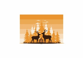 Couple deer and bonfire illustration