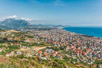 Overview City turkish Alanya in Turkey with Mediterranean Sea
