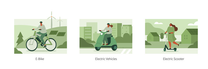 Electric transportation illustration set. Characters in modern eco city driving electric motorcycle, e-bike and scooter. Eco friendly vehicle concept. Vector illustration. © Irina Strelnikova