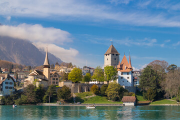 Obraz premium Switzerland wonderful spring landscape with lakes and high mountains and a bright sky in the morning beautiful natural landscape.