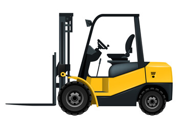 Forklift loading cargo pallet shipment at warehouse, freight industry warehouse logistics transport, side view of cargo loader, vector