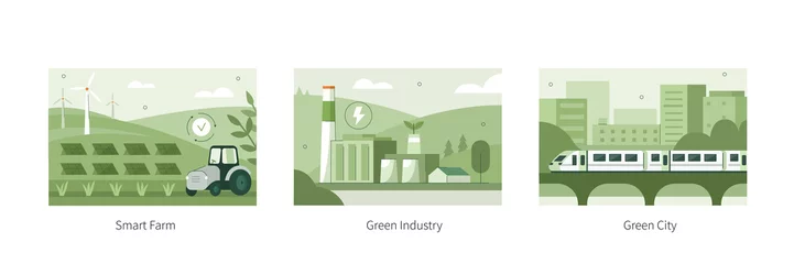 Fototapeten Sustainability illustration set. Electric power industry station, green agriculture farm with windmills and solar energy panels and modern city with eco-friendly transportation. Vector illustration. © Irina Strelnikova