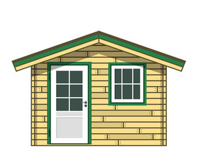 Tiny boarded garden house, small wooden hovel, plank gardening cabin facade, vector