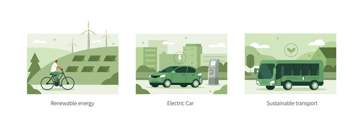 Sustainable transportation illustration set. Private electric vehicle near charging station, e-bike and public transport in modern city. Eco friendly vehicle concept. Vector illustration. - obrazy, fototapety, plakaty