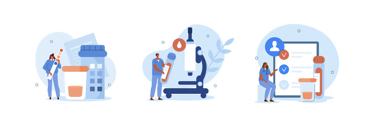 Medical tests illustration set. Laboratory doctor or chemist testing patients urine and blood samples. Health care and medicine concept. Vector illustration.