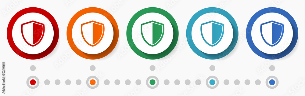 Poster Shield, guard concept vector icon set, infographic template, flat design circle colorful web buttons in 5 color options