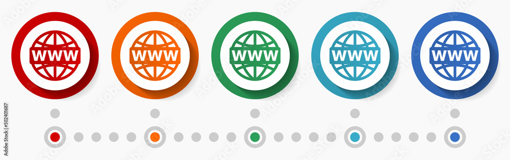 Leinwandbilder Web, www concept vector icon set, infographic template, flat design colorful web buttons in 5 color options