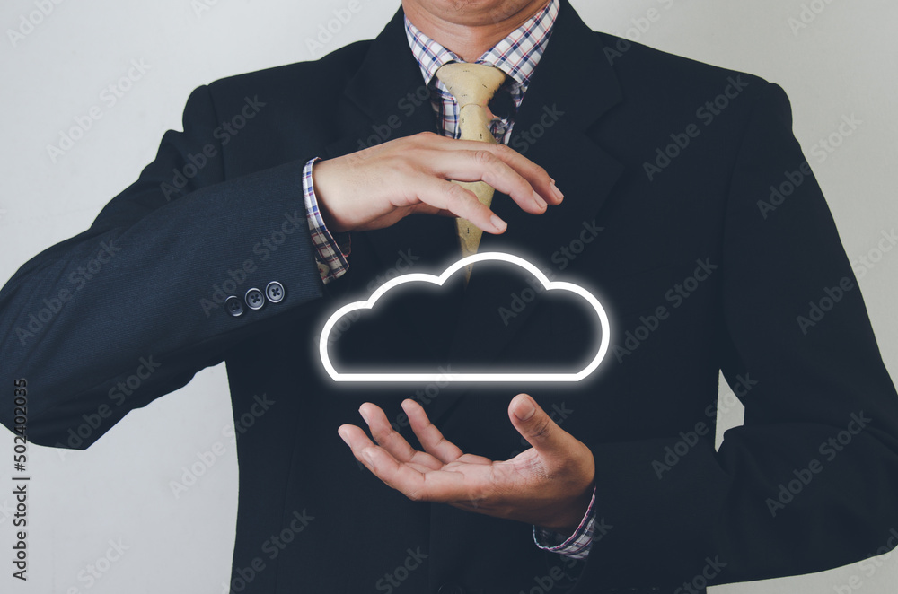 Poster business man holding cloud computer network icon and data connection icon in hand cloud and concept 