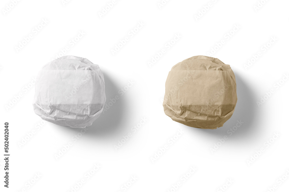 Aufkleber classic burger packed in the wrapping paper mockup isolated on white background. top view. 3d render