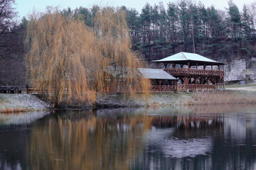 View of a wooden gazebo next to it a brown will tree on a lakeside in a forest