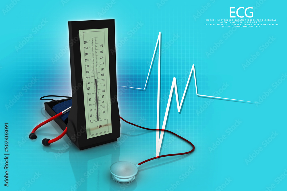 Poster 3d rendering Sphygmomanometer with stethoscope
