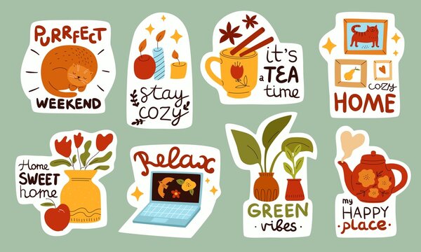 Cozy stickers. Hygge home elements. Little items compositions with funny text. Cup and teapot. Everyday things emblems. Hot drink and houseplants. Aroma candles. Vector doodle style set