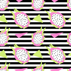Seamless pattern with dragon fruit and stripes