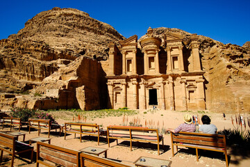 Beautiful view of Monastery Ad-Deir, Petra, Jordan on a sunny day