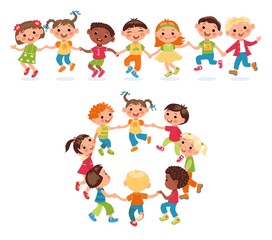 Kids holding hands. Childish chain and circle. Boys and girls lead round dance. Kindergarten game. Friendship and togetherness. Multicultural communication. Vector cartoon characters set