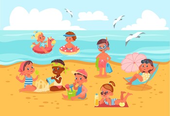 Obraz na płótnie Canvas Kids on beach illustration. Summer seashore with boys and girls. Babies sunbathing and swimming in water. Cartoon characters in swimsuits. Happy children play with sand. Vector concept