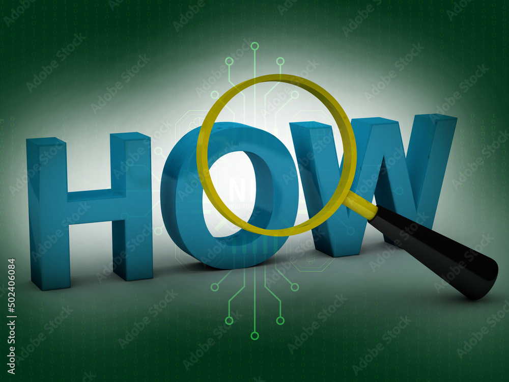 Poster 3d rendering word how with lense, search concept