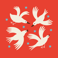 Greeting card, vector illustration with four  birds  on a red