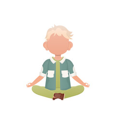 Little boy is doing yoga. Isolated. Cartoon style.