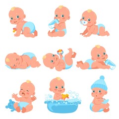 Newborn baby boy. Little child in diaper. Different emotions and everyday actions. Infant eating or bathing. Kid sleeping and playing with toys. Infancy age. Vector funny toddlers set