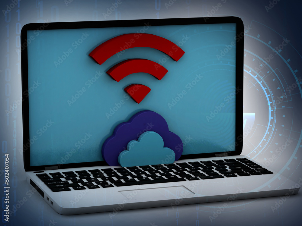 Aufkleber 3d rendering laptop with wifi and clouds