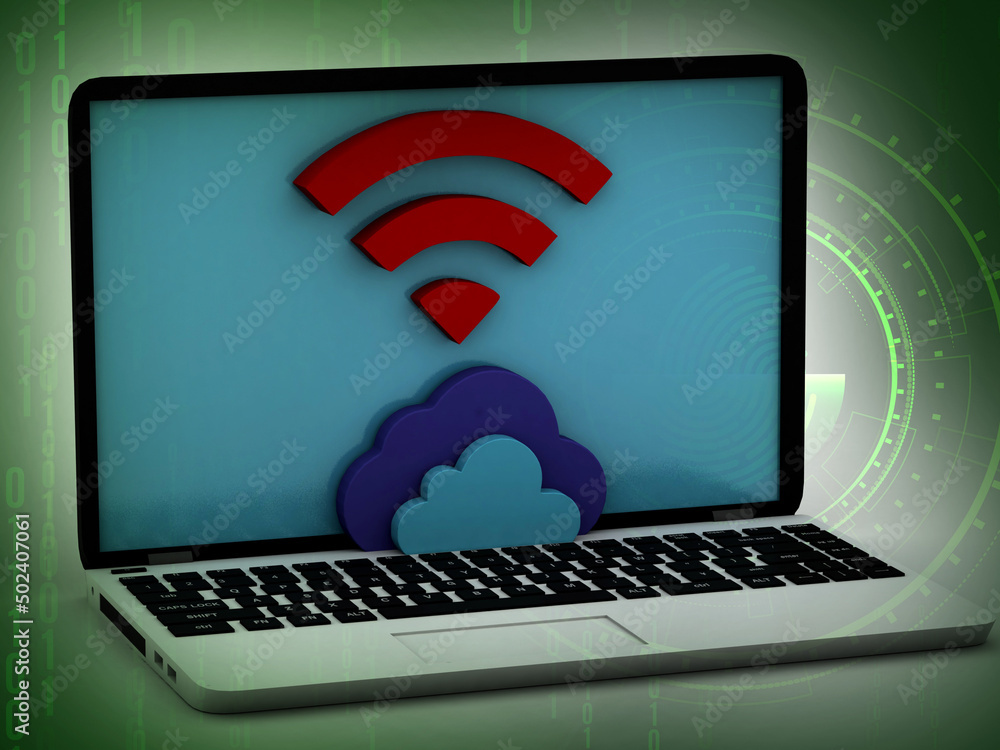 Poster 3d rendering laptop with wifi and clouds