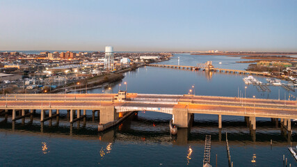 Aerial view of Wreck Lead Channel and a small village on a sunny day in Long Island Park, NY