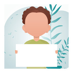 A cute preschool boy is holding a blank piece of paper. Place for text. Cartoon style.