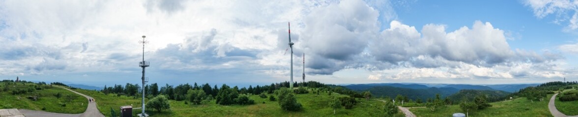 Fototapeta na wymiar Panorama on the Hornisgrinde with telecommunications tower and wind power stations near Seebach, Black Forest, Baden-Wurttemberg, Germany, Europe